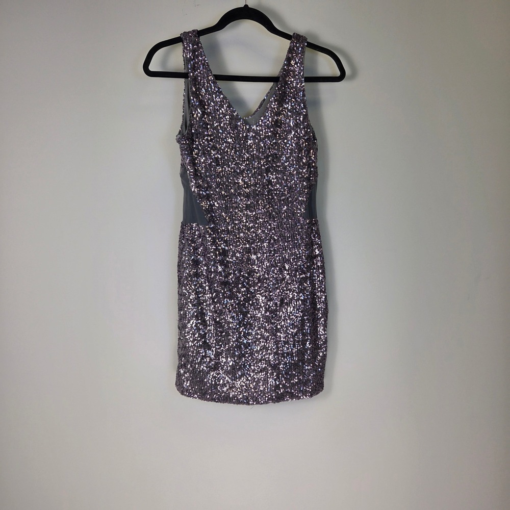 Danity Womens Lav/Silv Sequin Mini Dress V-Neck Mesh Side Panel Party Cocktail L